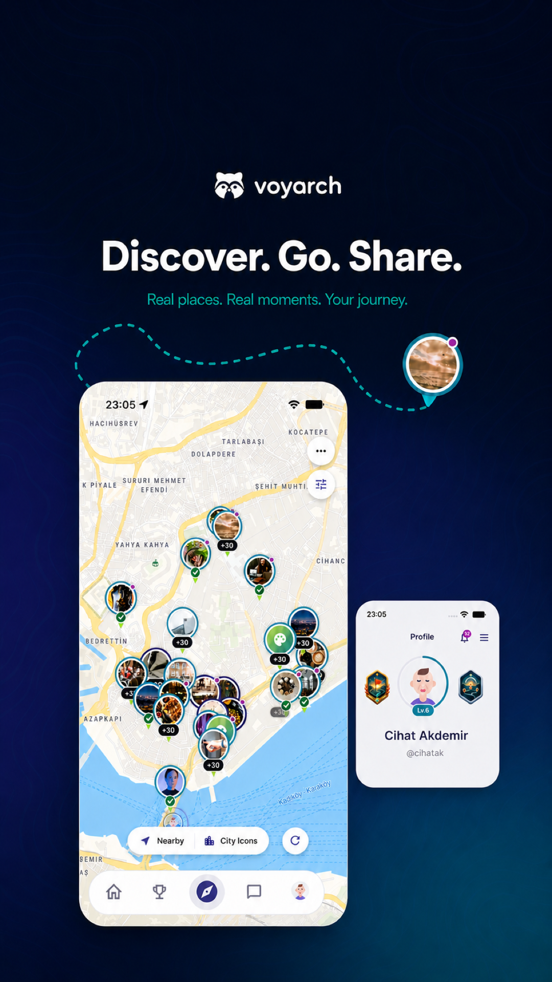 Voyarch app discovery map and profile screens