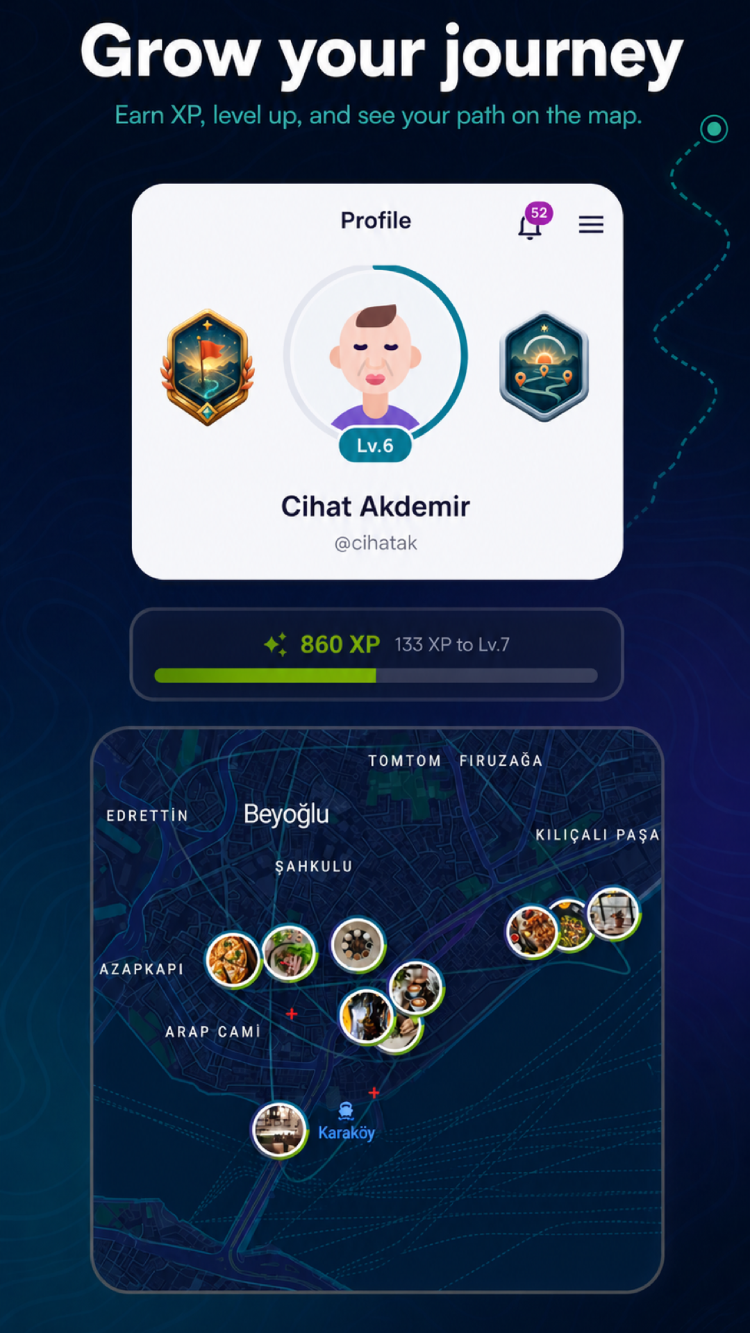 Voyarch profile and journey progress screen