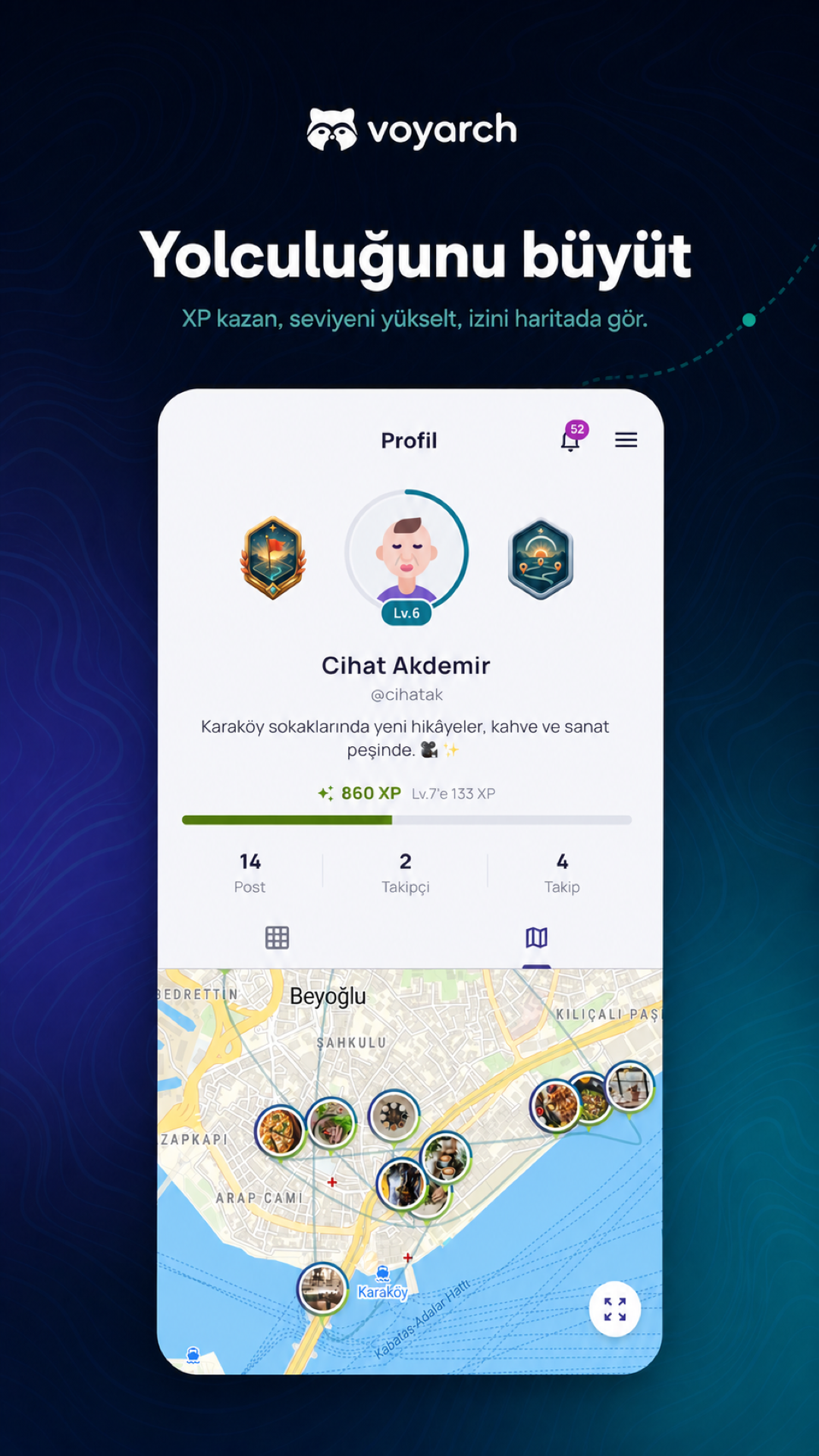 Voyarch profil ve yolculuk ilerlemesi ekranı